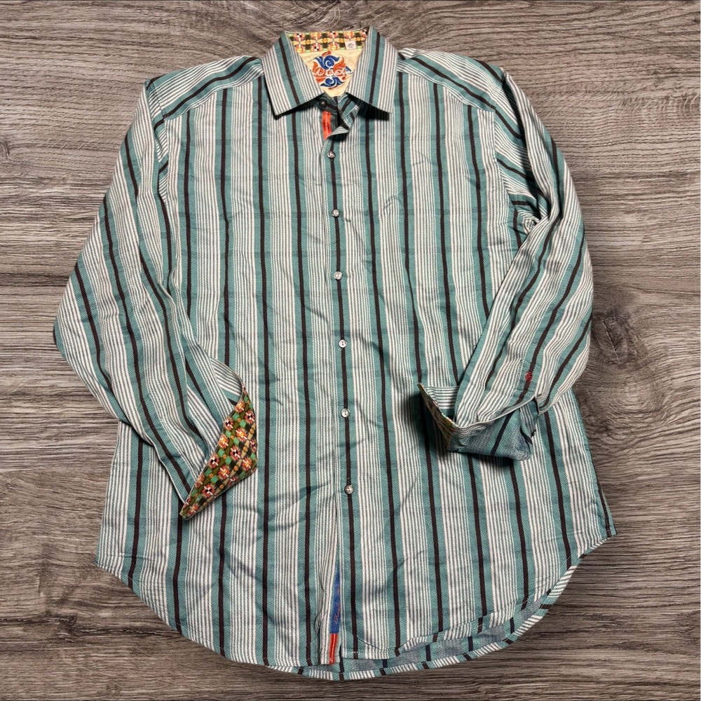 Alan Flusser Button Up Shirt Long Sleeve Colorful Blue Striped Mens L